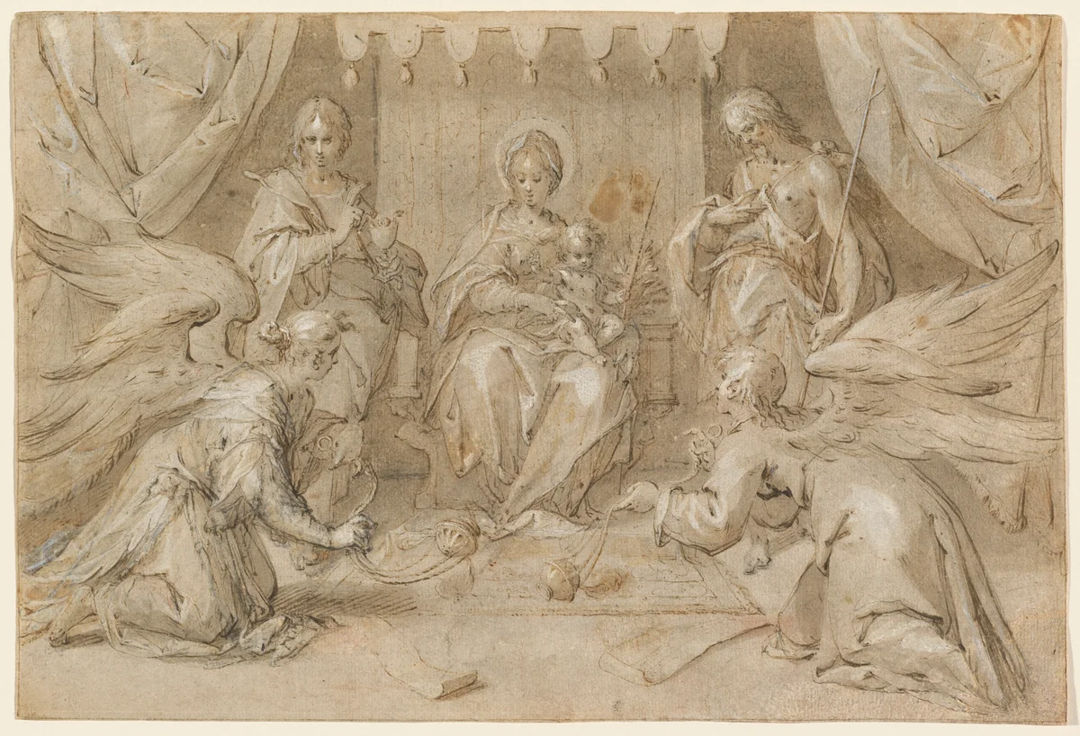The Madonna Enthroned with Saint John the Baptist and Saint John the Evangelist by Hans von Aachen, drawing, 1589