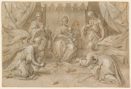 The Madonna Enthroned with Saint John the Baptist and Saint John the Evangelist by Hans von Aachen, drawing, 1589