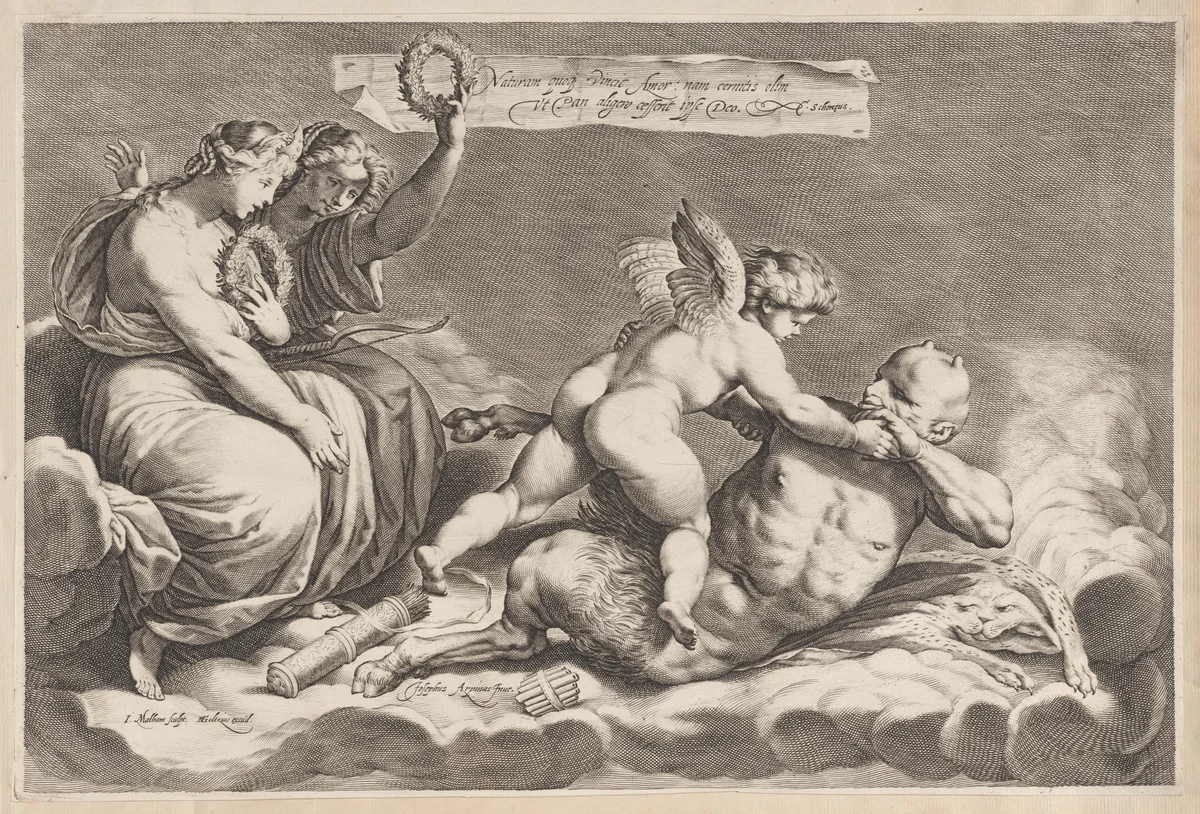 Cupid wrestling with Pan, amongst the clouds, with two allegorical women seated at left by Jacob Matham, print, 1598-1632