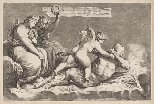 Cupid wrestling with Pan, amongst the clouds, with two allegorical women seated at left by Jacob Matham, print, 1598-1632