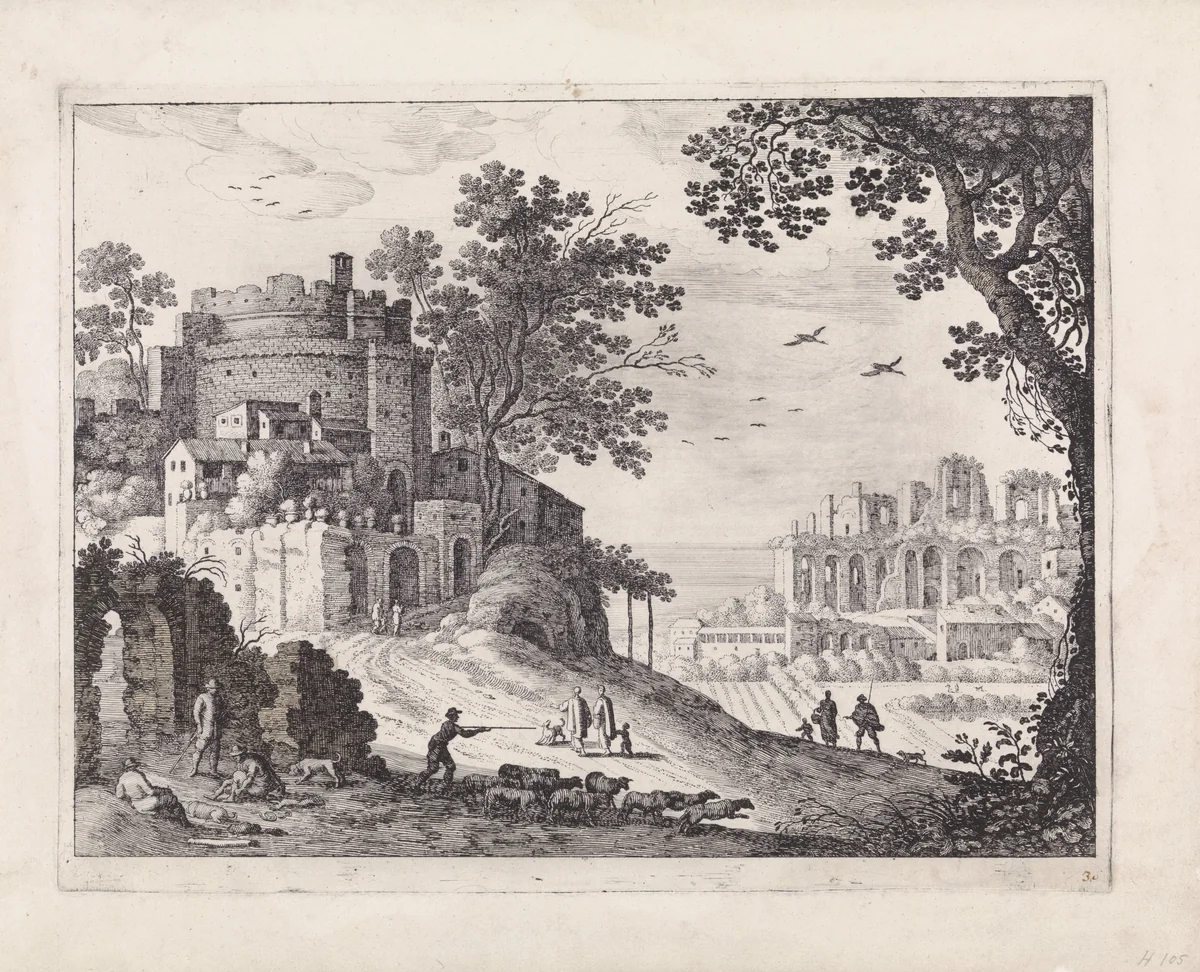 Gebouwen langs een weg by Guilliam van Nieulandt, print, 1594-1635