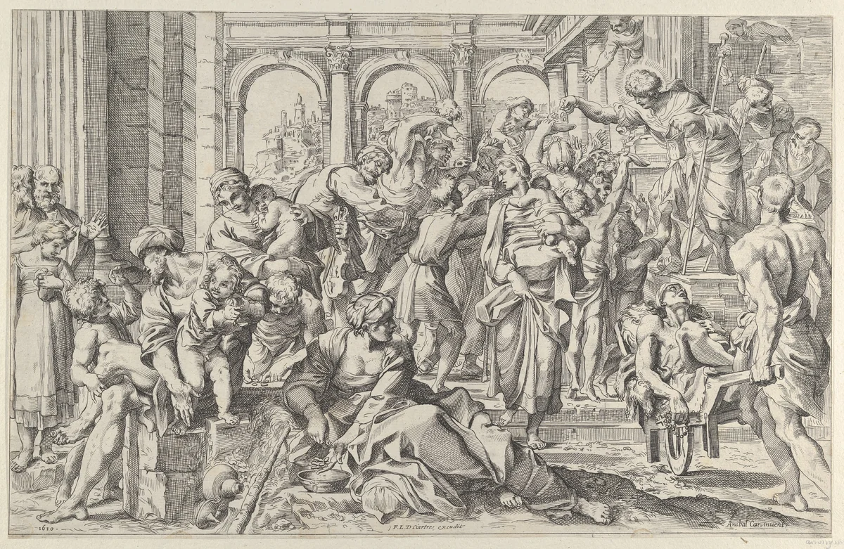 Saint Roch at right distributing alms to a group of people gathered around him, after Annibale Caracci by anonymous, print, 1590-1610