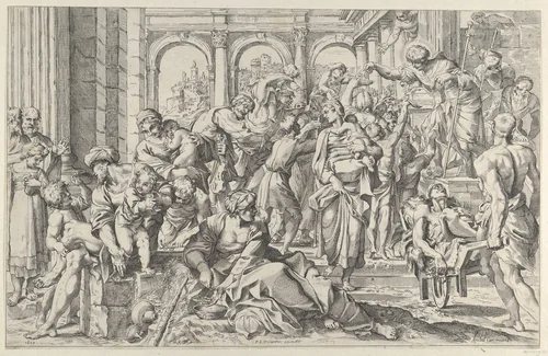 Saint Roch at right distributing alms to a group of people gathered around him, after Annibale Caracci by anonymous, print, 1590-1610