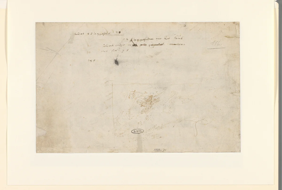 Heuvelachtig landschap met bomen en een figuur by Pieter Stevens, drawing, 1577-1624