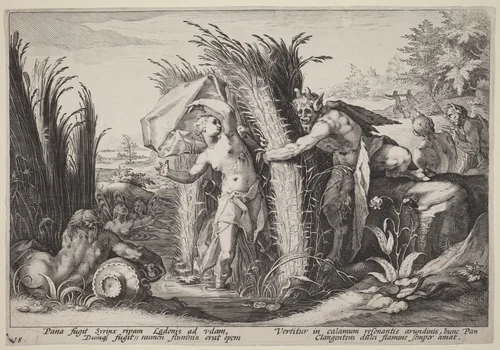 Pan and Syrinx by Hendrick Goltzius, print, 1589