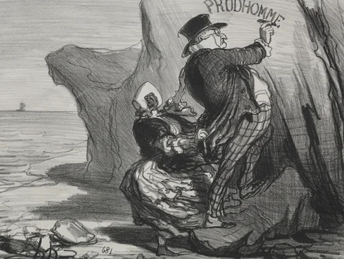 I want to leave an imperishable monument of our visit to this cliff... by Honoré Daumier, print, 1854
