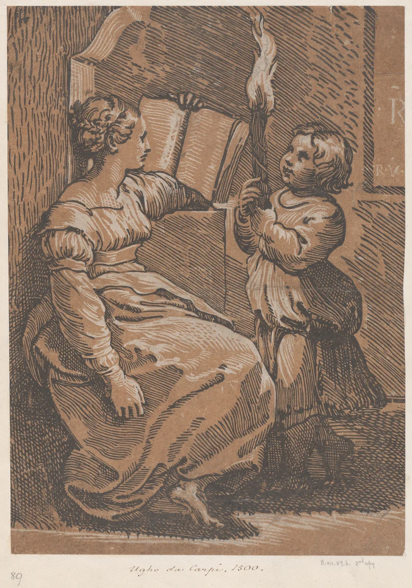 A Sibyl Reading a book facing right by Ugo da Carpi, print, 1512-1522
