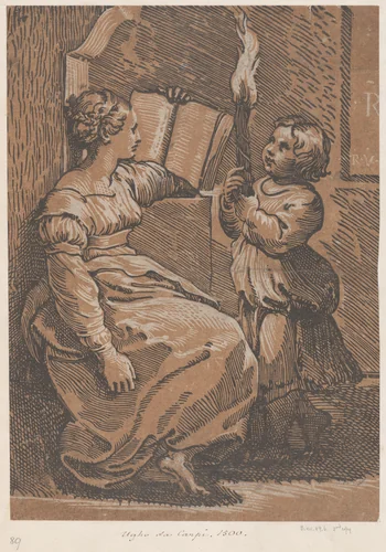 A Sibyl Reading a book facing right by Ugo da Carpi, print, 1512-1522