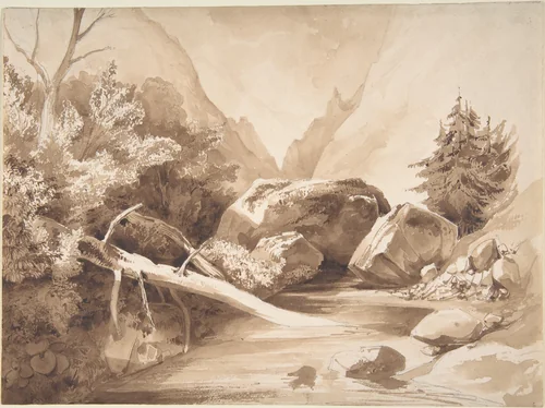 Mountainous Landscape with a Brook by Franz Kobell, drawing, 1800-1822