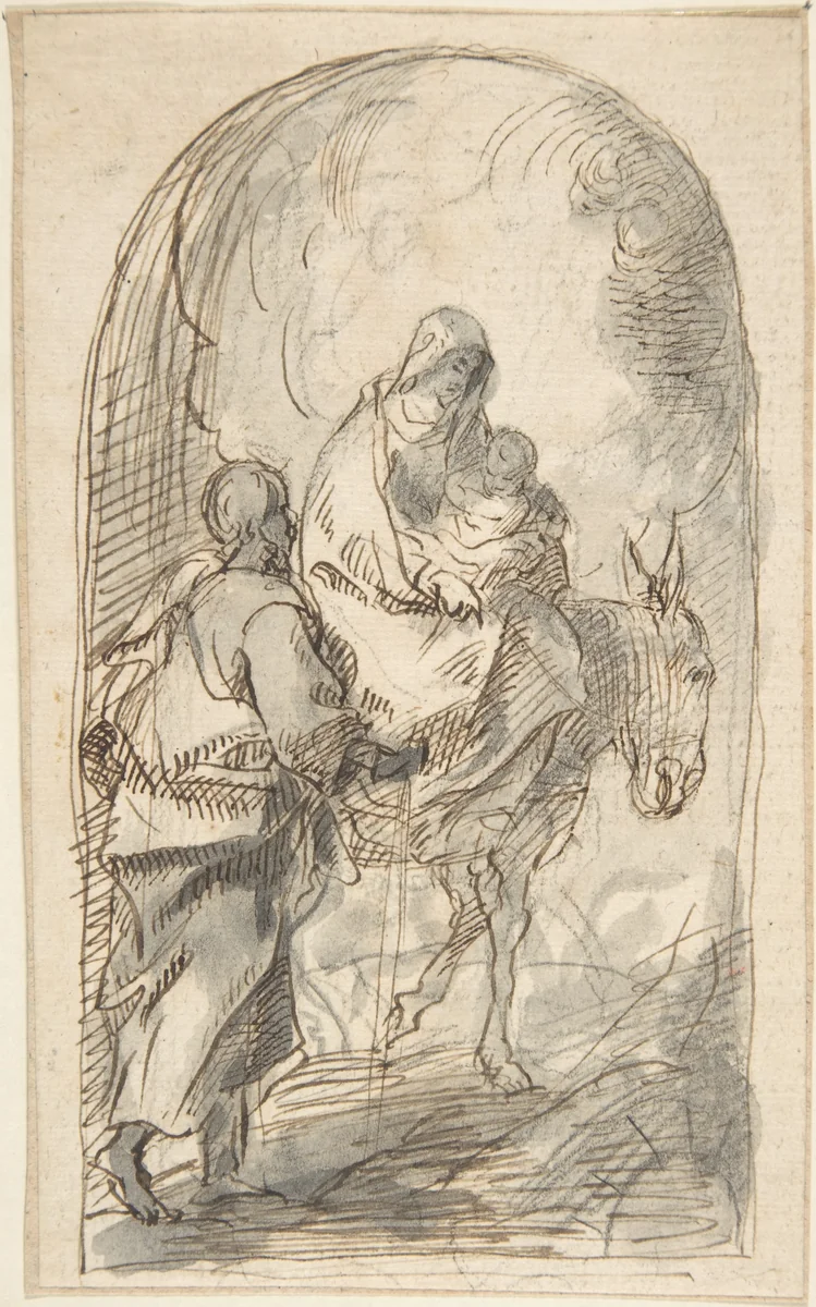 The Flight into Egypt by Pedro Duque Cornejo, drawing, 1695-1755