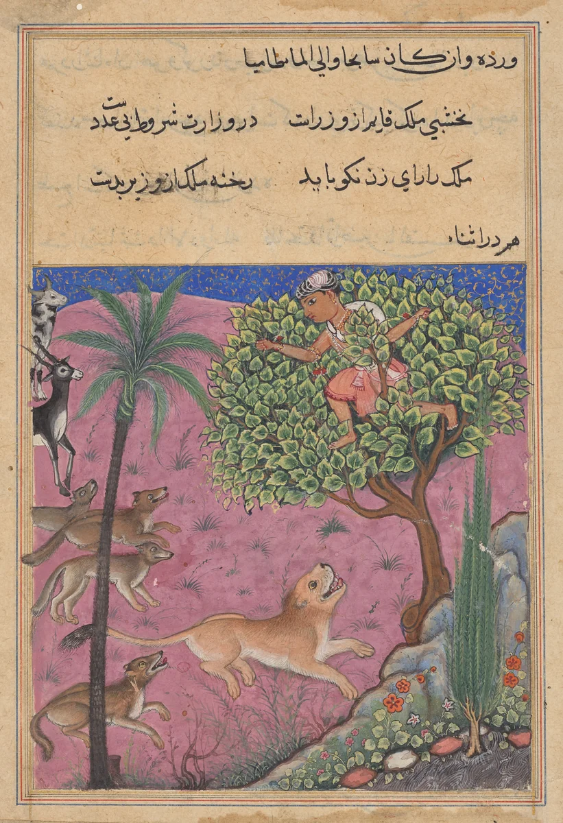 The wolf and the jackal, serving as viziers, instigate the lion who pursues the Brahman up a tree, from a Tuti-nama (Tales of a Parrot): Twenty-first Night by Unknown, painting, 1555-1565