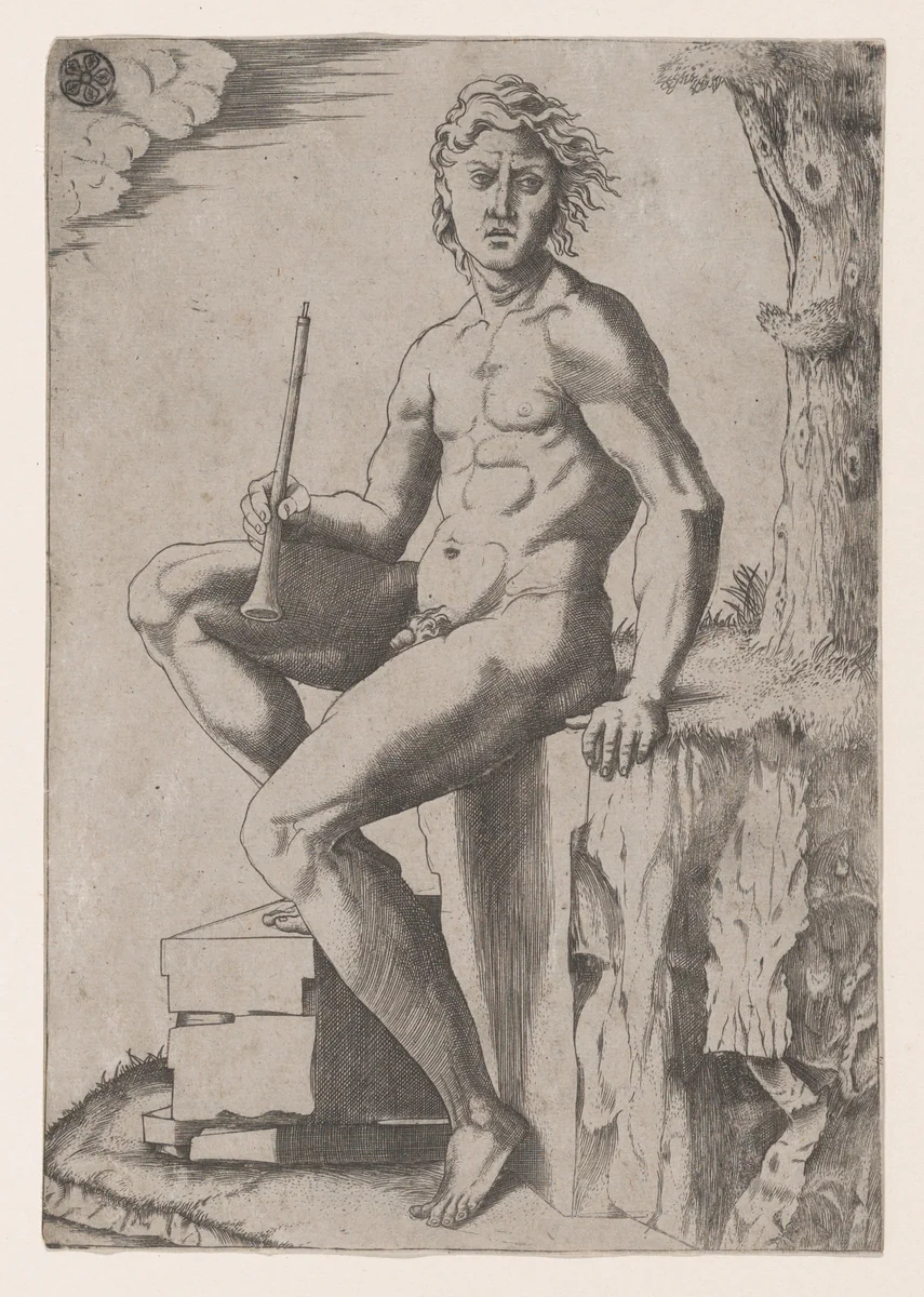 Seated Man Holding a Flute by Marcantonio Raimondi, print, 1495-1555