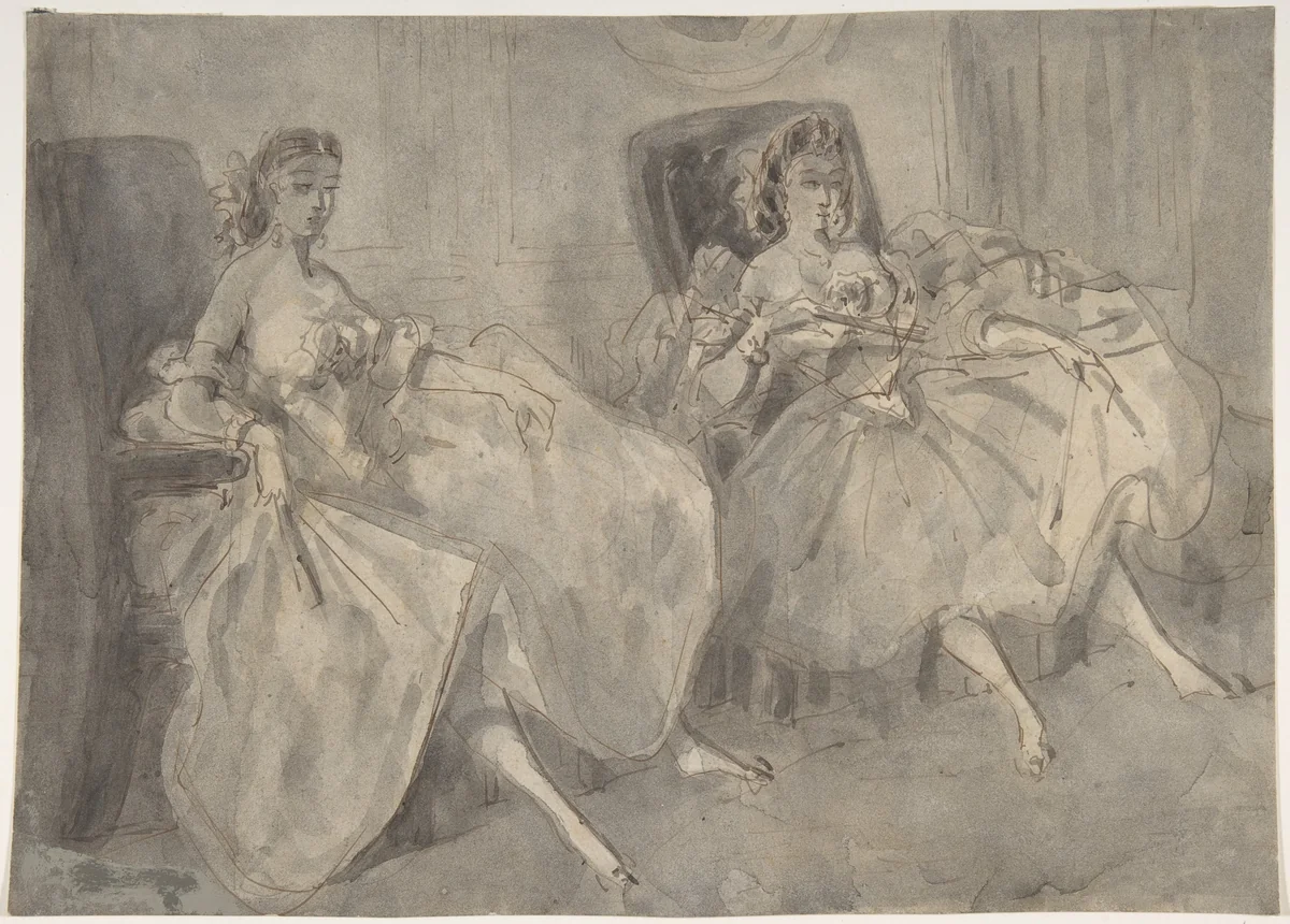 Two Seated Women by Constantin Guys, drawing, 1815-1892