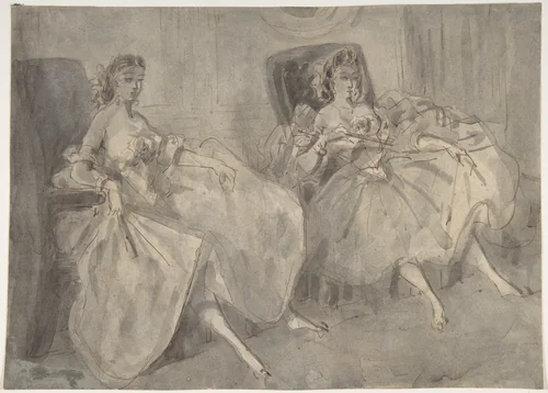 Two Seated Women by Constantin Guys, drawing, 1815-1892
