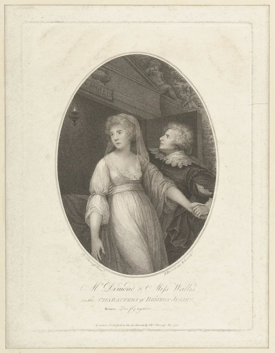 Mr. Dimond and Miss Wallis in the Characters of Romeo and Juliet by Francesco Bartolozzi, print, 1796