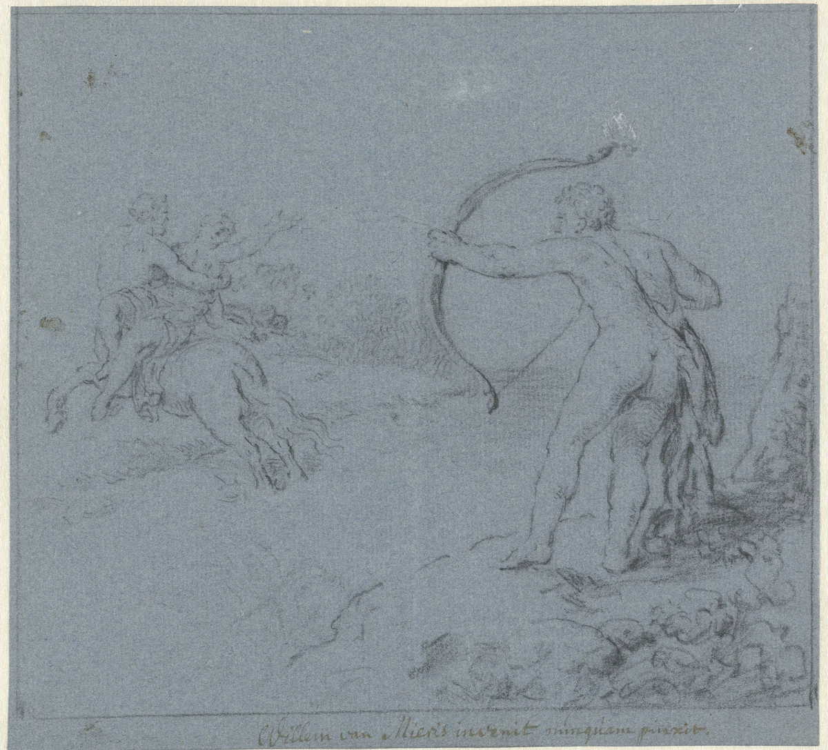 Hercules richt zijn pijl op Nessus die Deïanira ontvoert by Willem van Mieris, drawing, 1672-1747