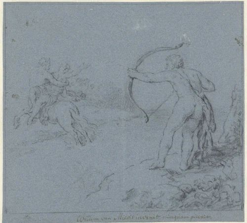 Hercules richt zijn pijl op Nessus die Deïanira ontvoert by Willem van Mieris, drawing, 1672-1747