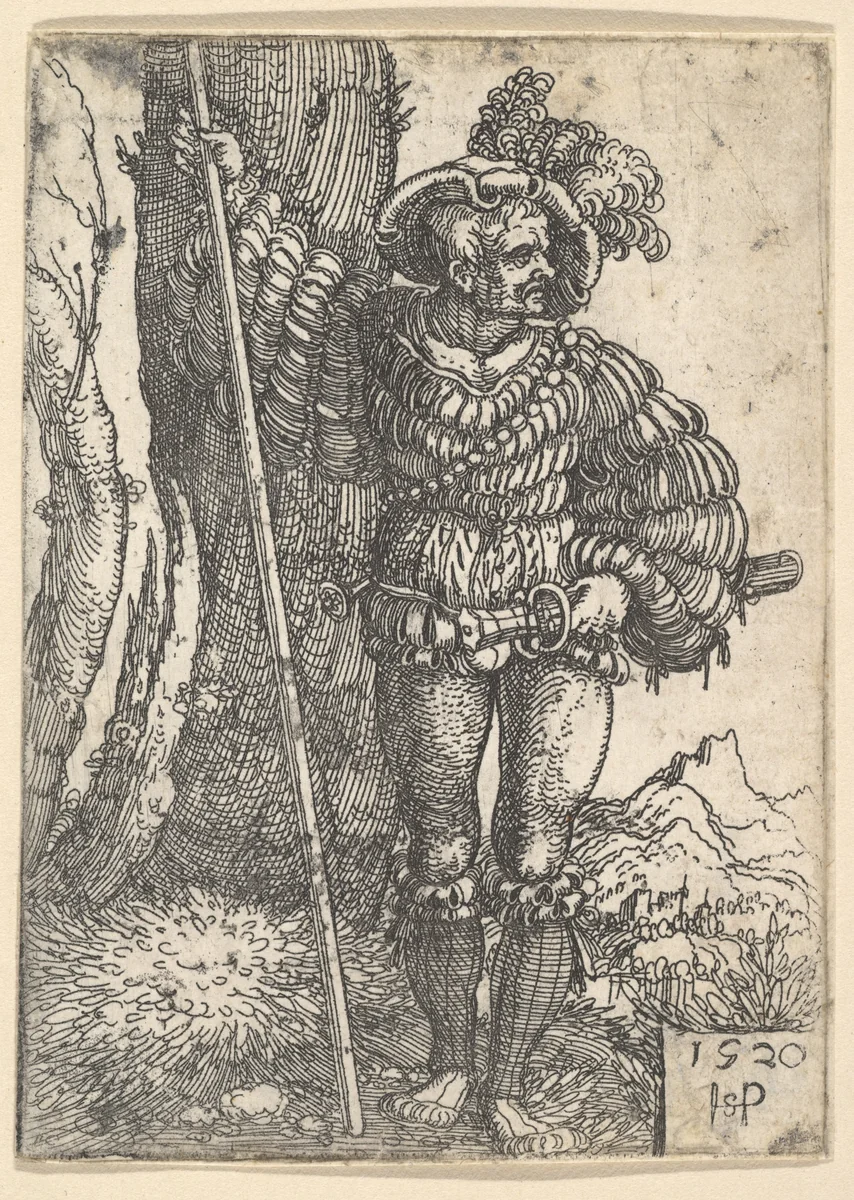 A Lansquenet Standing by a Tree by Sebald Beham, print, 1520