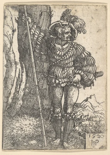 A Lansquenet Standing by a Tree by Sebald Beham, print, 1520