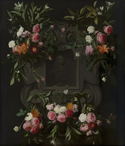 Portrait of Stadholder-King William III (1650-1702) surrounded by a Garland of Flowers by Daniel Seghers, painting, 1660