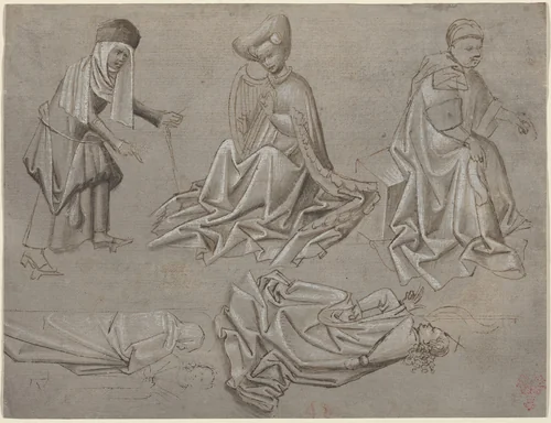 Studies for Six Figures (sheet from a model book) [recto] by German 15th Century, drawing, 1450-1460