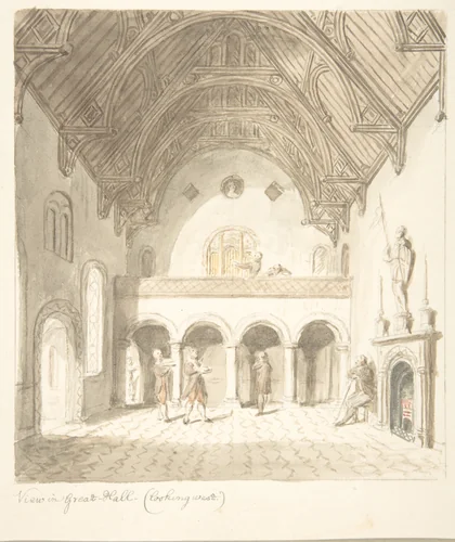 Lea Castle, Worcestershire, View in the Great Hall, Looking West by John Carter, drawing, 1811-1821