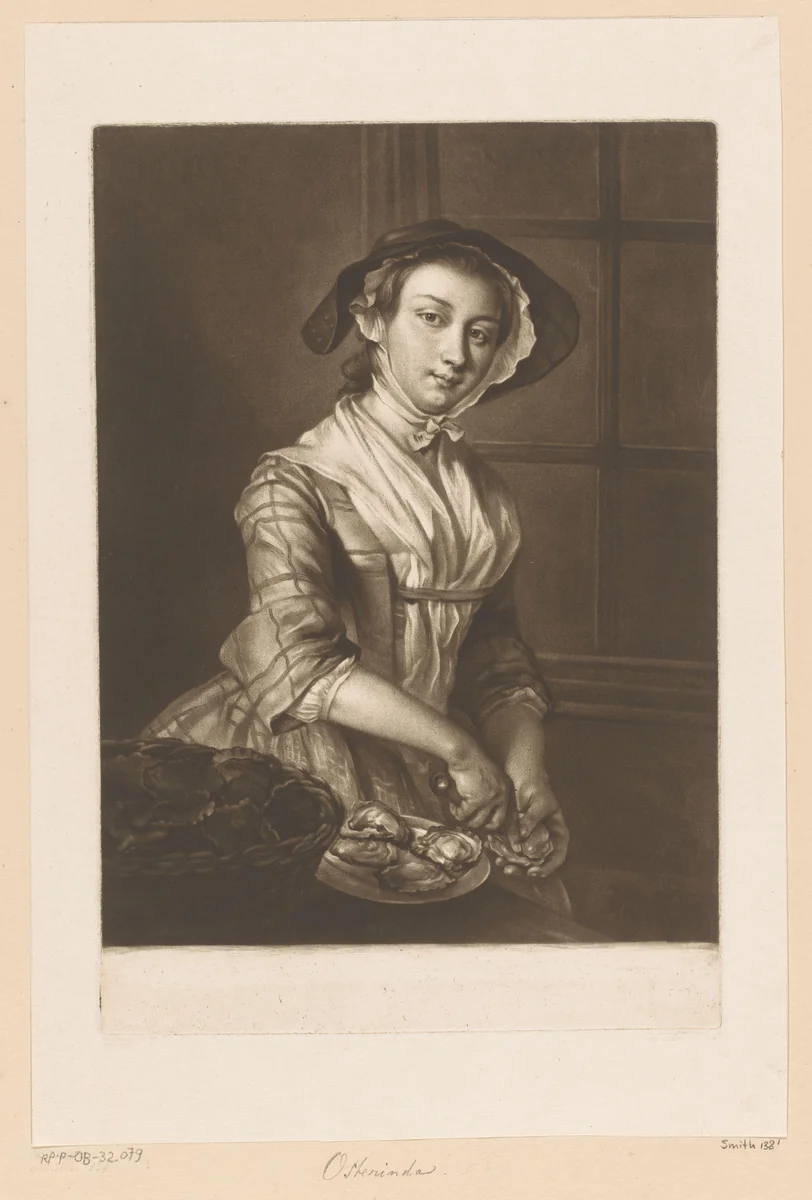 Vrouw met oesters by Richard Houston, print, 1731-1775