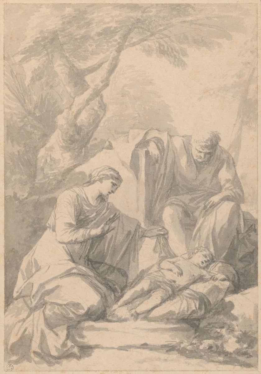 Holy Family Resting on the Flight into Egypt by Laurent de La Hyre, drawing, 1606-1656