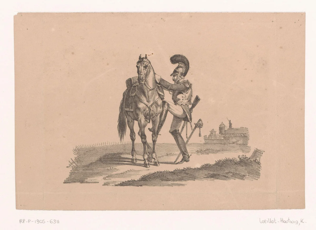 Cavalerist bestijgt een paard by Karl Loeillot-Hartwig, print, 1820-1851