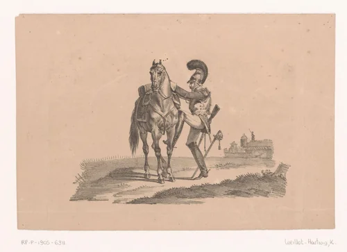 Cavalerist bestijgt een paard by Karl Loeillot-Hartwig, print, 1820-1851