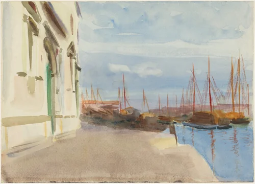 Quayside Scene with Church by Emily Sargent, drawing, 1908