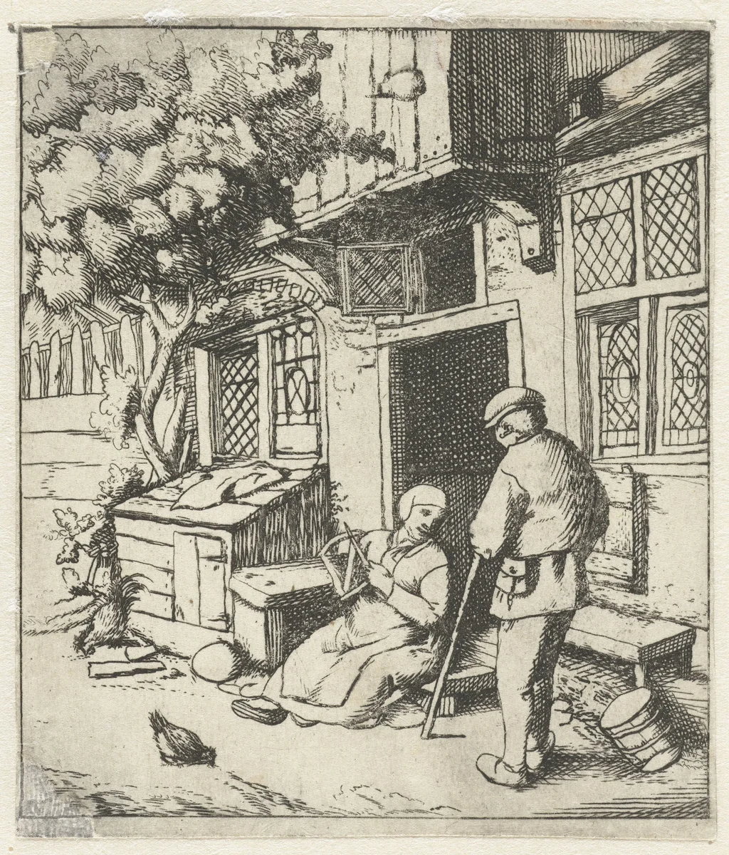 Spinster zittend op de drempel van een huis in gesprek met man by anonymous, print, 1666-1745
