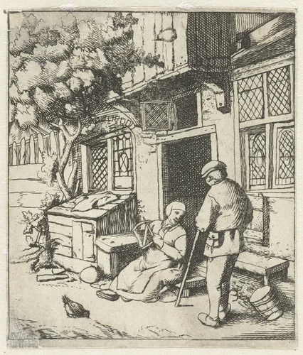 Spinster zittend op de drempel van een huis in gesprek met man by anonymous, print, 1666-1745