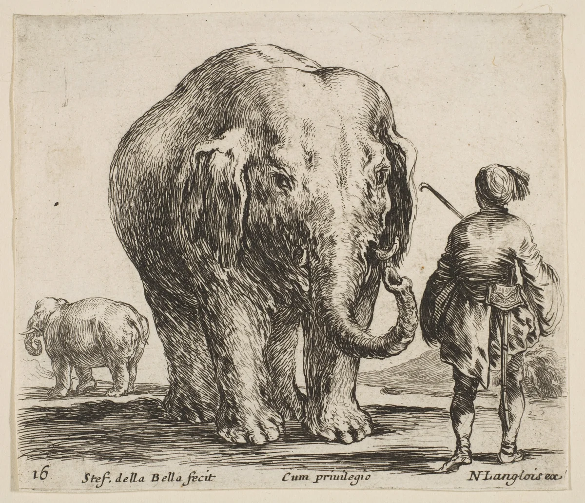An elephant in center, his mahout standing to the right wearing an Oriental costume, another elephant to left in background, plate 16 from "Diversi capricci" by Stefano della Bella, print, 1639-1649