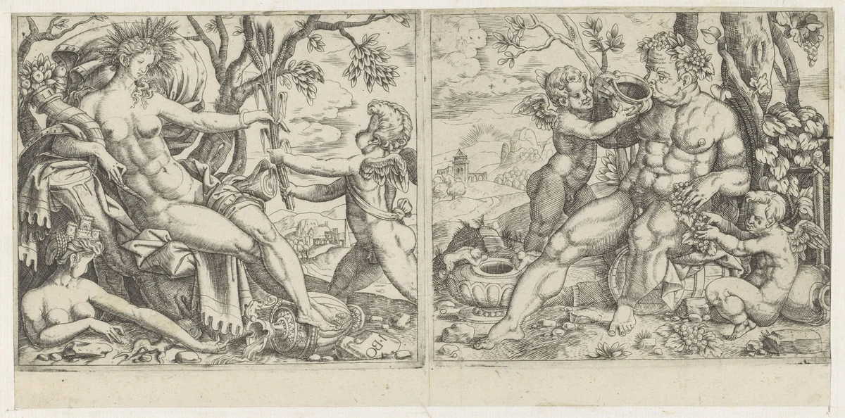 Ceres en een putto en Bacchus en twee putti by anonymous, print, 1501-1580