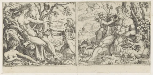 Ceres en een putto en Bacchus en twee putti by anonymous, print, 1501-1580