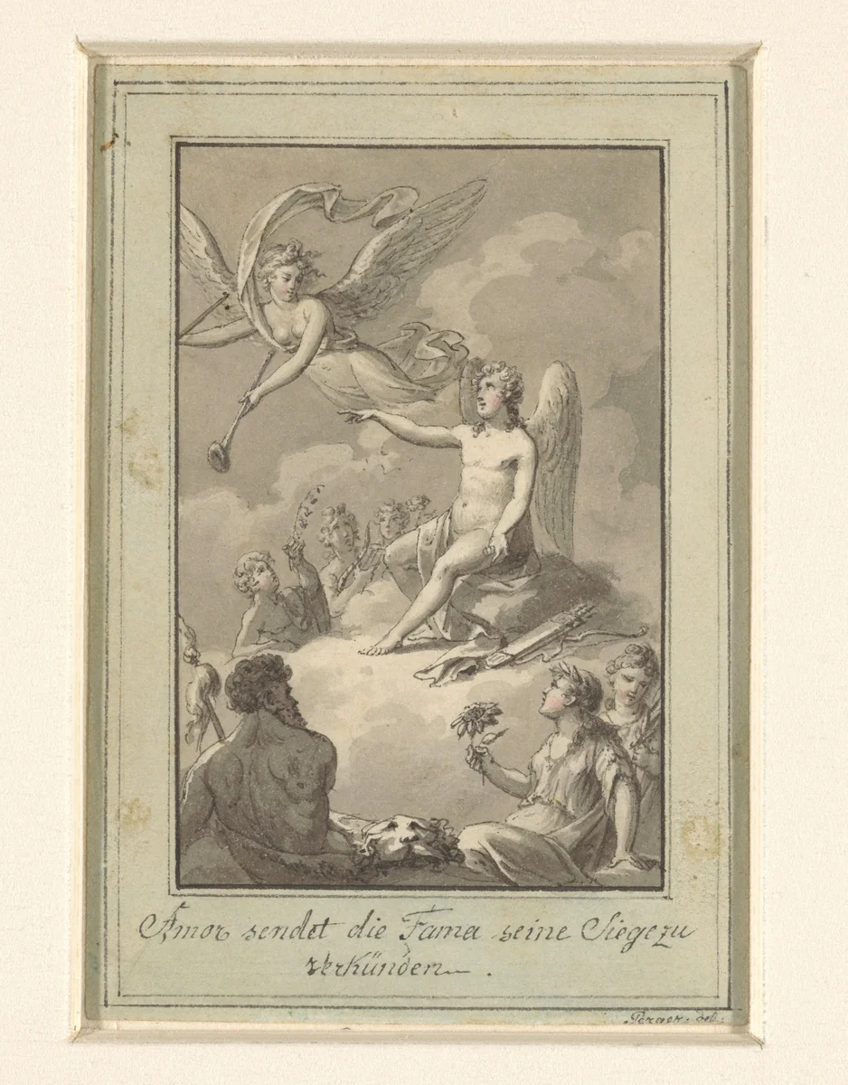 Amor stuurt Fama weg om zijn verovering te verkondigen by Sigmund Ferdinand von Perger, drawing, 1788-1841