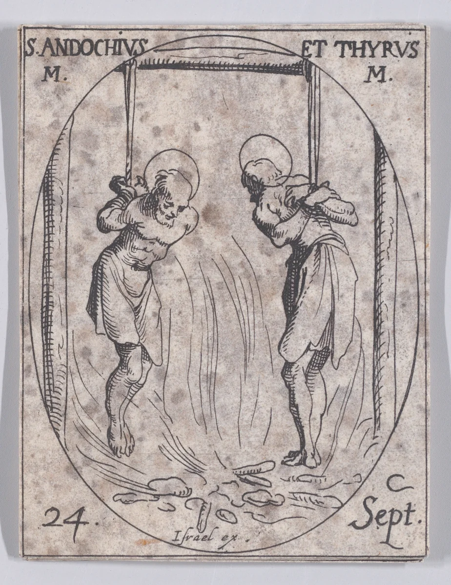 S. Andoche et S. Tyrse, martyrs (St. Andochius and Thyrsus, Martyrs), September 24th, from "Les Images De Tous Les Saincts et Saintes de L'Année" (Images of All of the Saints and Religious Events of the Year) by Jacques Callot, print, 1636