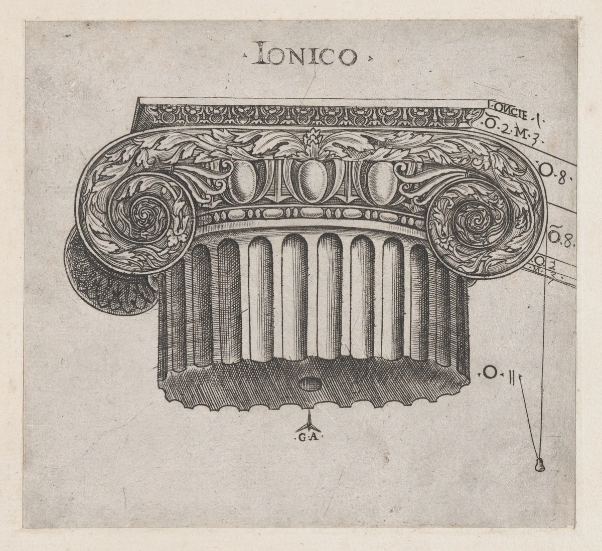Ionic capital, from "Speculum Romanae Magnificentiae" by Monogrammist G.A. with the Caltrop, print, 1534-1540