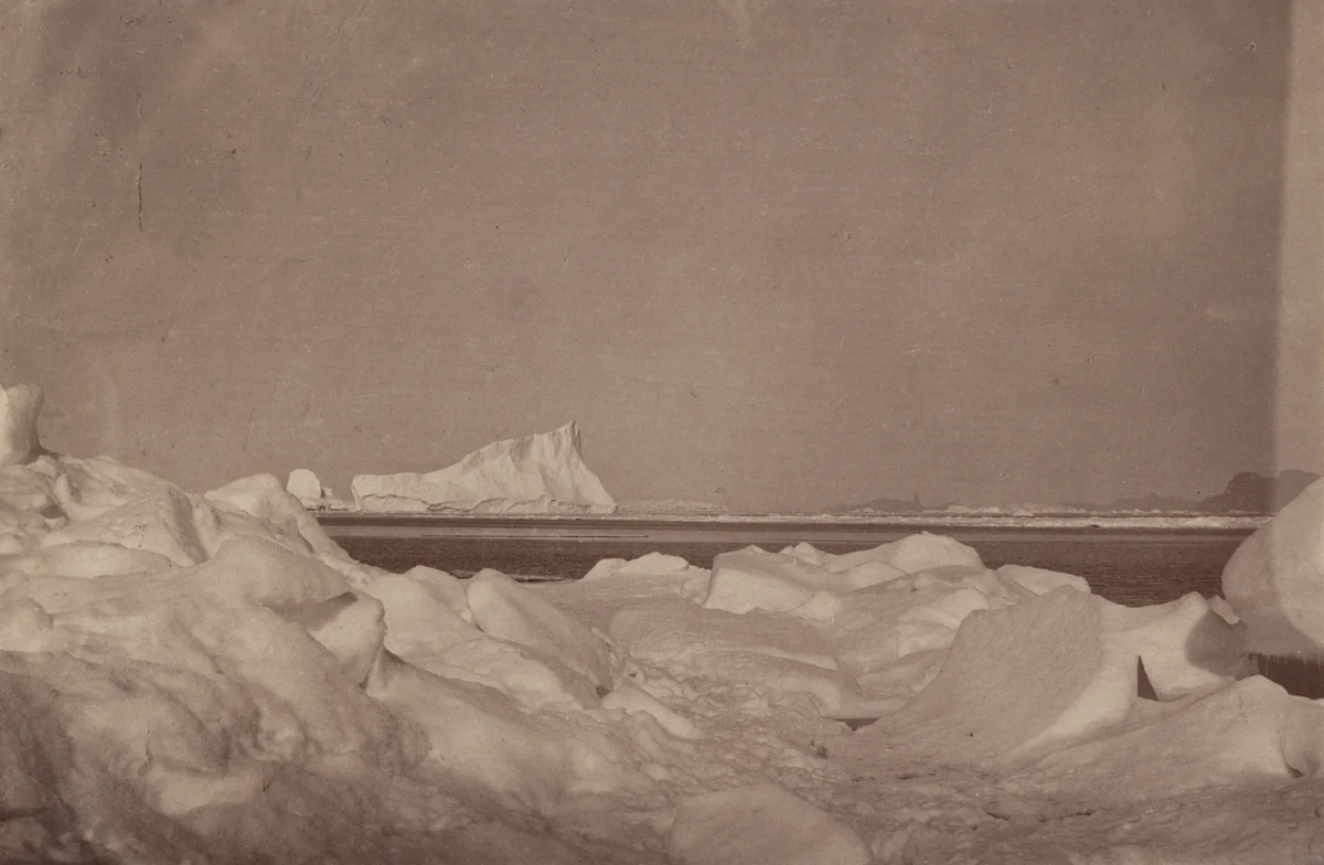 "Wilcox Point and the devil's thumb in the distance, with rafted ice in the Foreground. ", by George P. Critcherson, John L. Dunmore, William Bradford, photograph, 1869