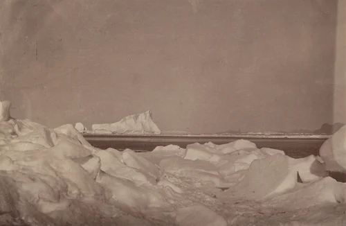 "Wilcox Point and the devil's thumb in the distance, with rafted ice in the Foreground. ", by George P. Critcherson, John L. Dunmore, William Bradford, photograph, 1869