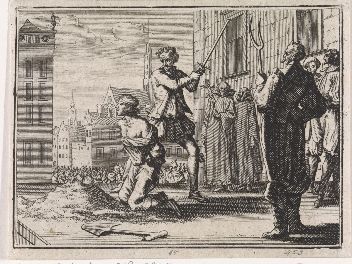 Onthoofding van een jongen onder toeziend oog van geestelijken en de duivel by Caspar Luyken, print, 1704