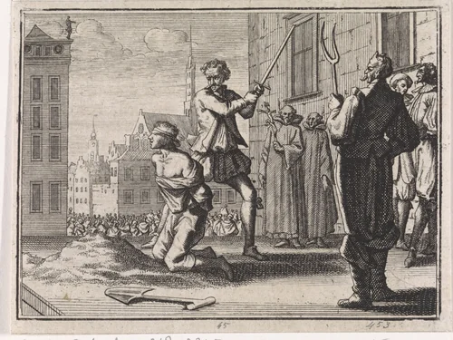 Onthoofding van een jongen onder toeziend oog van geestelijken en de duivel by Caspar Luyken, print, 1704