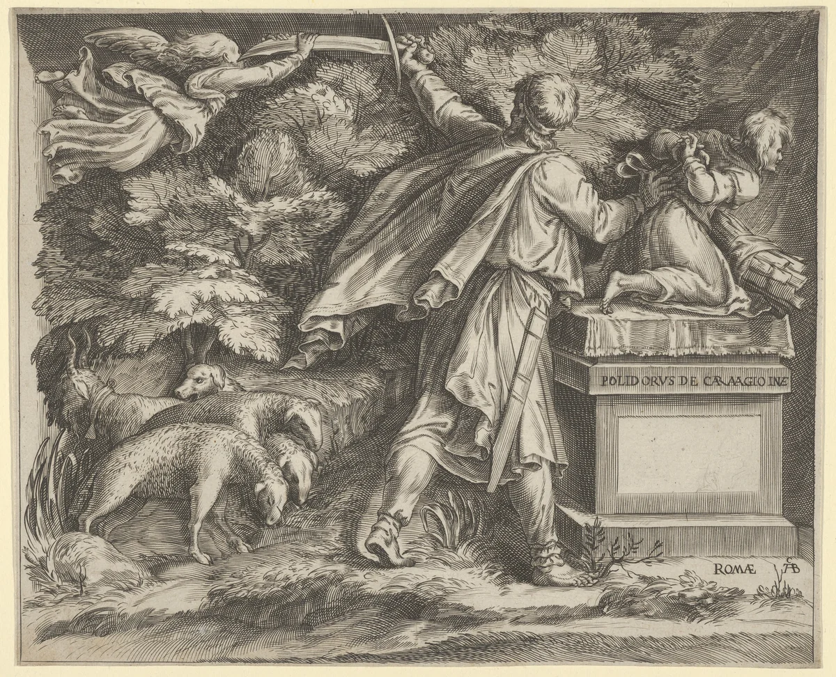 The Sacrifice of Isaac set in a landscape with a flock of sheep at left and an angel guiding Abraham's sword at upper left by Cherubino Alberti, print, 1570-1615