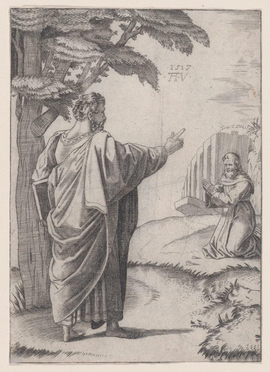 Saint Paul and the Franciscan Friar by Agostino Veneziano, print, 1512-1522