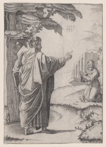 Saint Paul and the Franciscan Friar by Agostino Veneziano, print, 1512-1522