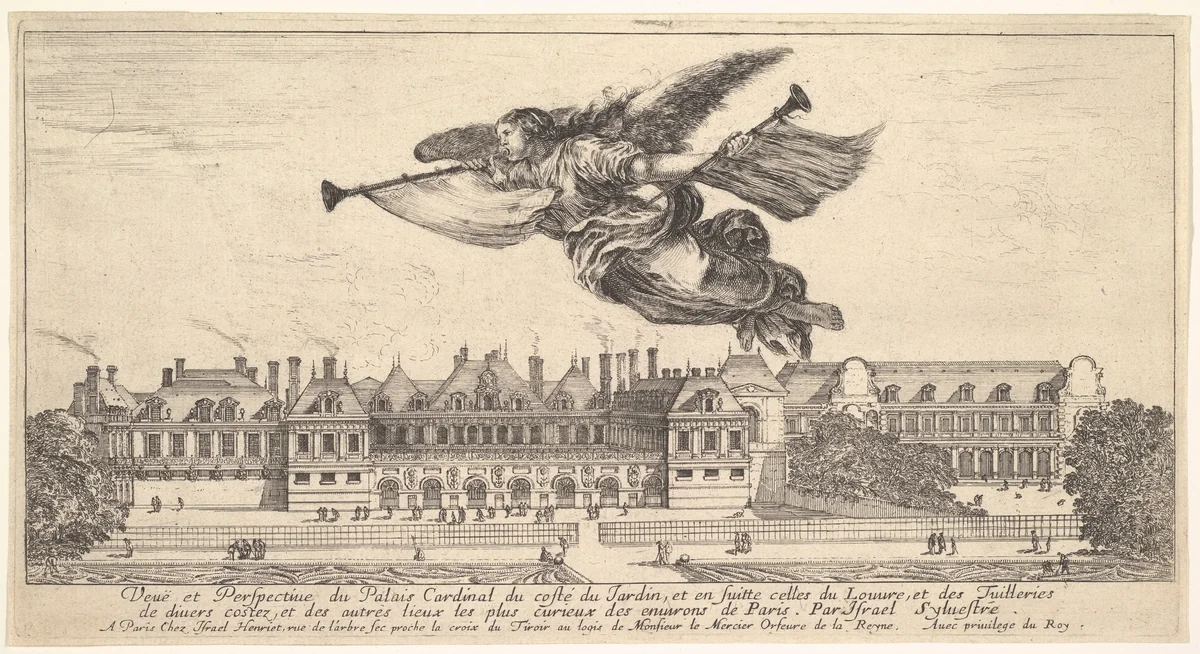 View of the Palais Cardinal, from "Various views of remarkable palaces in Italy and France" (Diverses vues d'endroits remarquables d'Italie et de France) by Stefano della Bella, print, 1649-1651