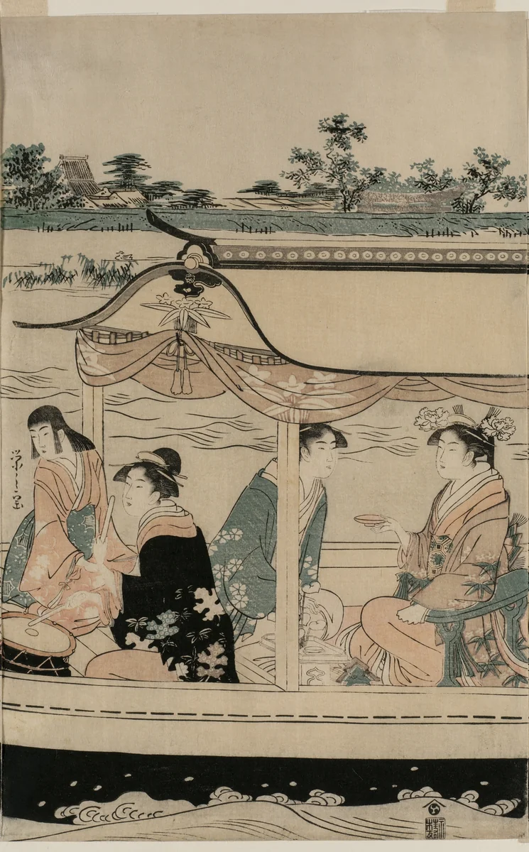 Women in a Pleasure Boat on the Sumida River by Chōbunsai Eishi (鳥文斎栄之), print, 1790-1799