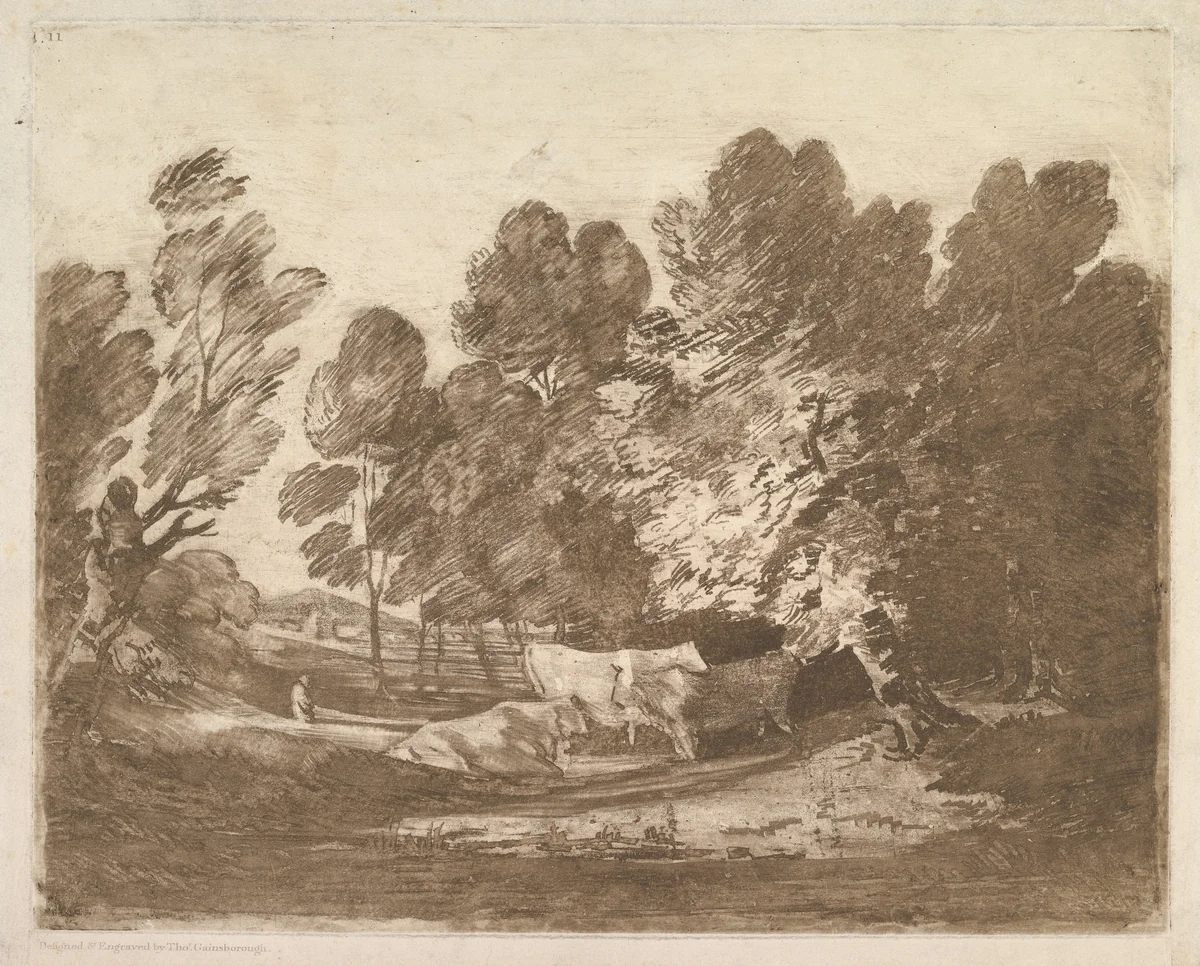 Wooded Landscape with Herdsmen and Cows by Thomas Gainsborough, print, 1797