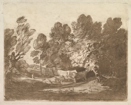 Wooded Landscape with Herdsmen and Cows by Thomas Gainsborough, print, 1797